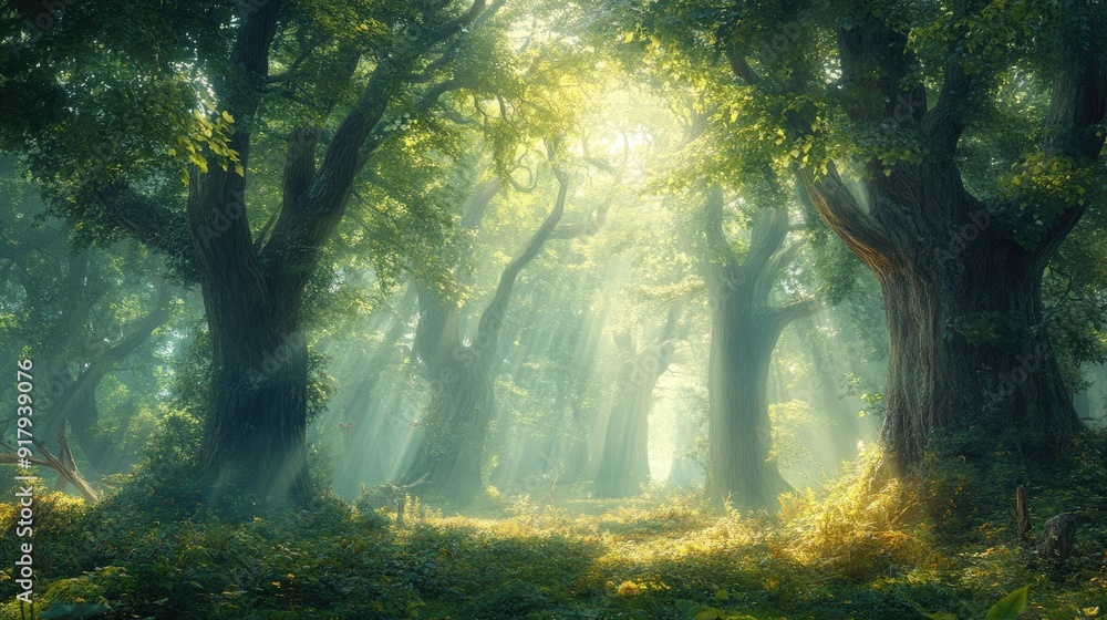 A mystical fairytale forest, with ancient trees, thick undergrowth, and beams of light filtering through the canopy. A mystical fairytale forest, with ancient trees, thick undergrowth, and beams of light filtering through the canopy.