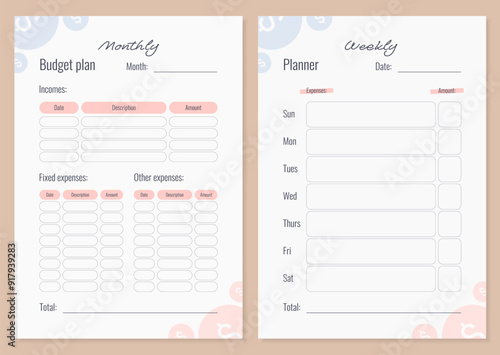 Monthly and weekly budget planner. Design with coins. Vector illustration.