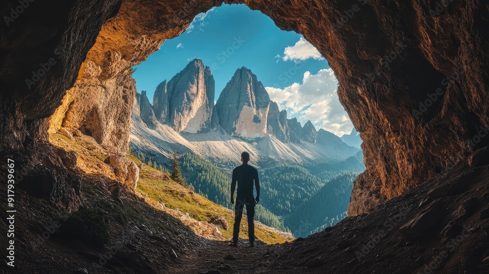 Fototapeta premium A rugged man standing in a cave entrance, with dramatic rocky peaks visible in the distance, embodying the essence of adventure.