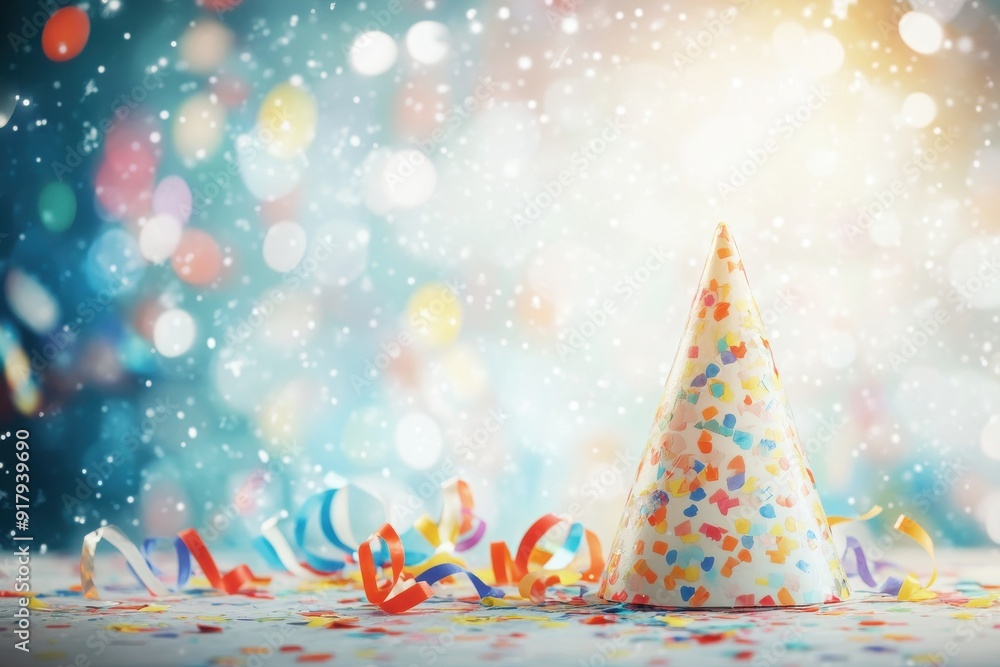Party hat on a table surrounded by confetti and noise makers with copy space. Bright light. Fun, lively background. Party hat on a table surrounded by confetti and noise makers with copy space. Bright light. Fun, lively background.