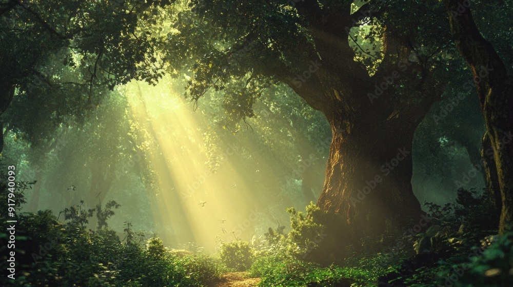 A serene, enchanted forest with towering trees, rich greenery, and dappled light creating a fairytale-like atmosphere. A serene, enchanted forest with towering trees, rich greenery, and dappled light creating a fairytale-like atmosphere.