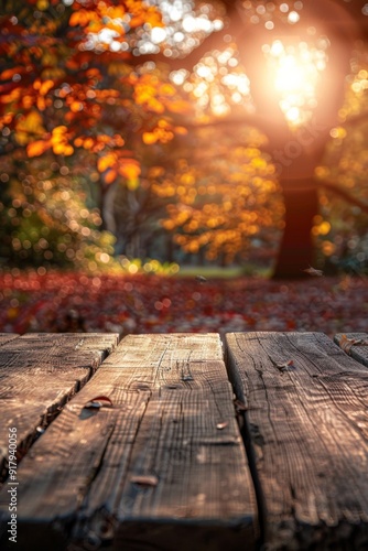 Autumnal Sunset Glow on Rustic Wooden Bridge Amidst Falling Leaves