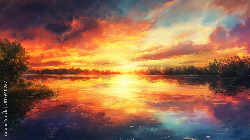 A serene sunset over a tranquil lake, with the sky ablaze with colors and the water reflecting the vibrant hues. A serene sunset over a tranquil lake, with the sky ablaze with colors and the water reflecting the vibrant hues.
