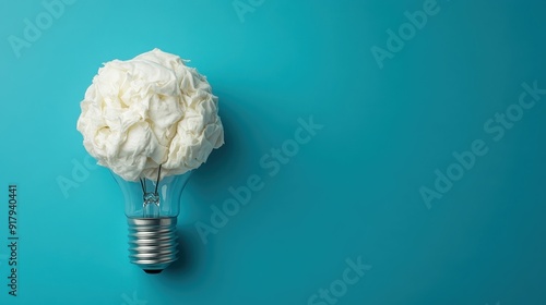 A light bulb filled with crumpled white paper set against a cyan background represents a concept related to innovative ideas, creativity sparks, and brainstorming processes. photo