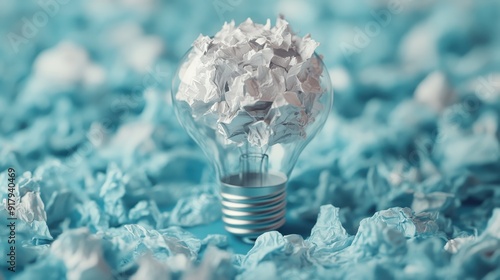 A light bulb surrounded by crumpled white papers on a turquoise background signifies the essence of creativity, innovation, and the process of generating groundbreaking ideas amidst chaos. photo