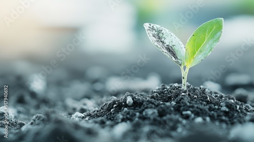 A small green plant seedling is sprouting from the dark soil, symbolizing new life, growth, and the beginning of a new journey in the natural world.