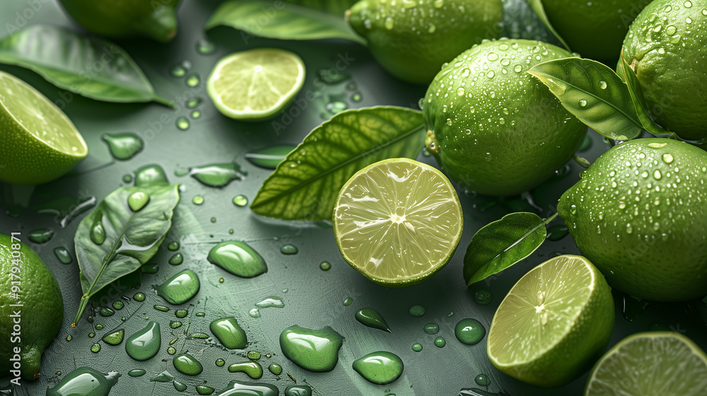 Wet Limes on Green Background Wet Limes on Green Background