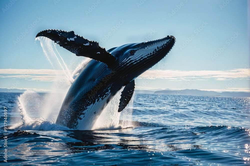 Fototapeta premium A whale is leaping out of the water, with its tail flapping in the air