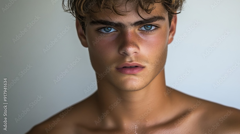 Young man with striking blue eyes posing against a neutral backdrop Young man with striking blue eyes posing against a neutral backdrop