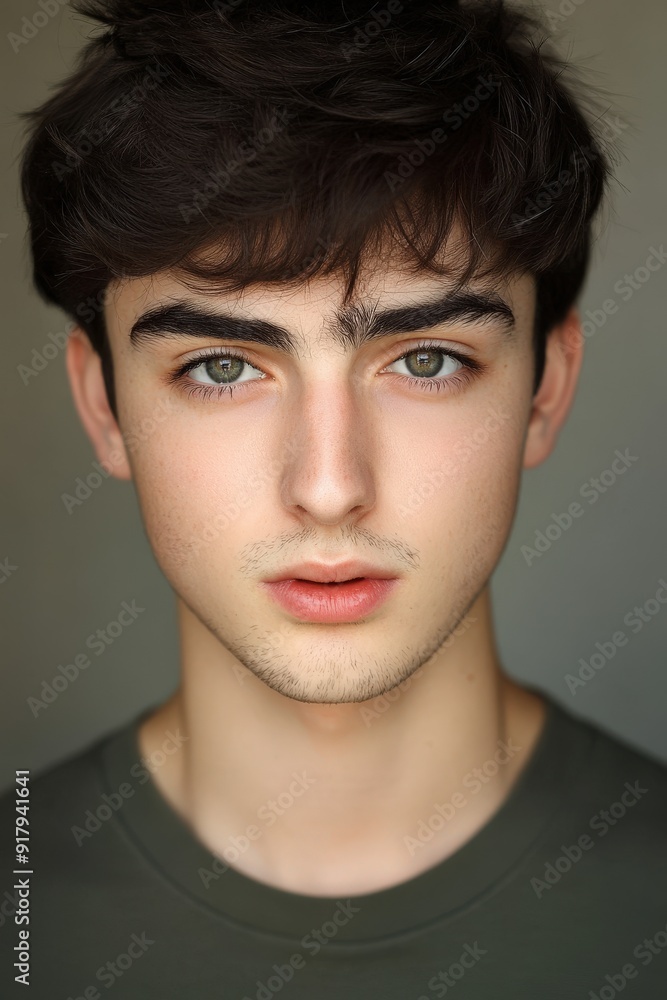 Young man with striking eyes poses against a neutral backdrop Young man with striking eyes poses against a neutral backdrop