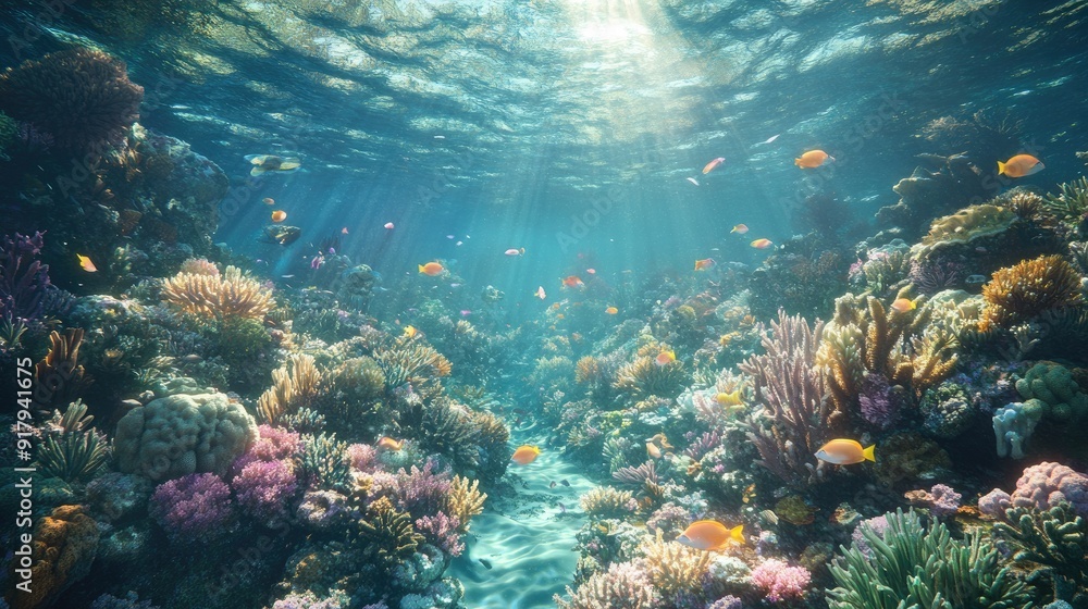 Fototapeta premium A thriving underwater ecosystem, with a coral reef full of life as fish swim freely among the corals.