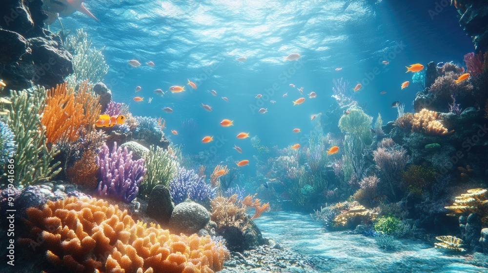 Naklejka premium A thriving underwater ecosystem, with a coral reef full of life as fish swim freely among the corals.