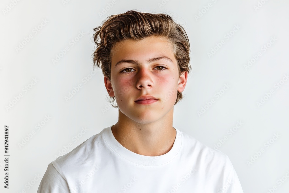 Young man posing against a plain backdrop wearing a white t-shirt Young man posing against a plain backdrop wearing a white t-shirt
