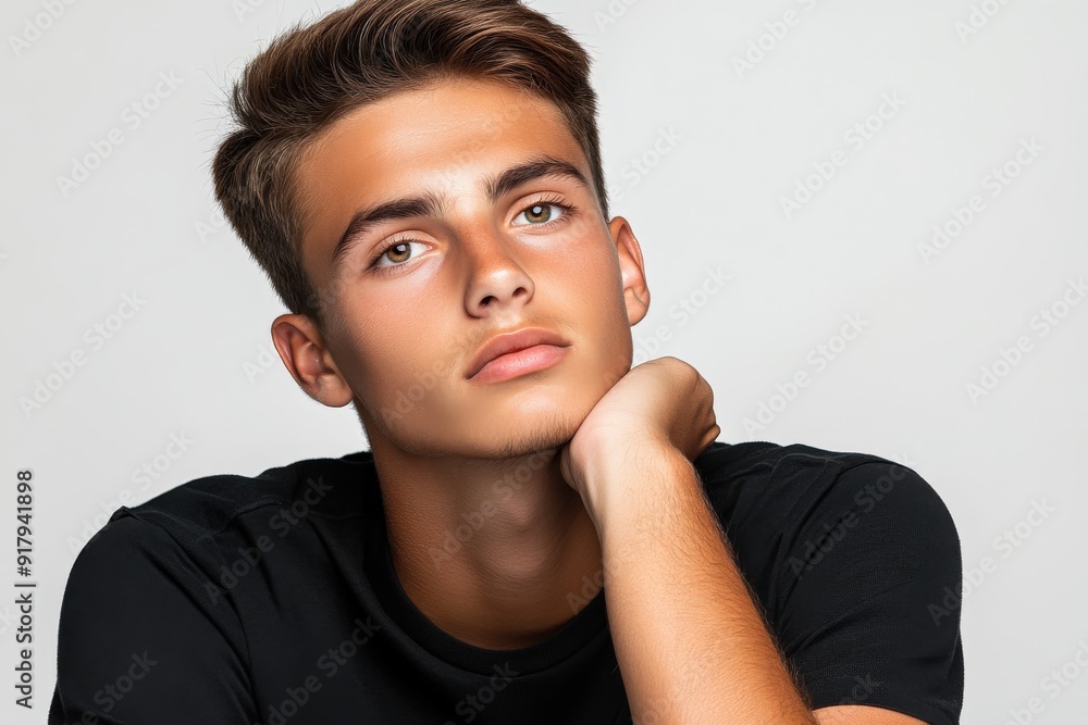 Young man posing thoughtfully with hand on chin against neutral backdrop Young man posing thoughtfully with hand on chin against neutral backdrop