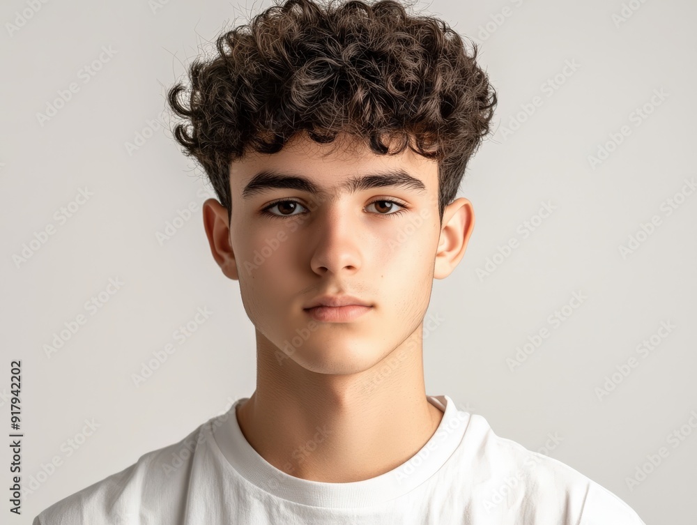 Obraz premium Young man with curly hair poses against a neutral background