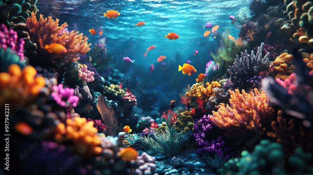 A vibrant coral reef underwater, with exotic fish and marine plants creating a lively and diverse ecosystem. A vibrant coral reef underwater, with exotic fish and marine plants creating a lively and diverse ecosystem.