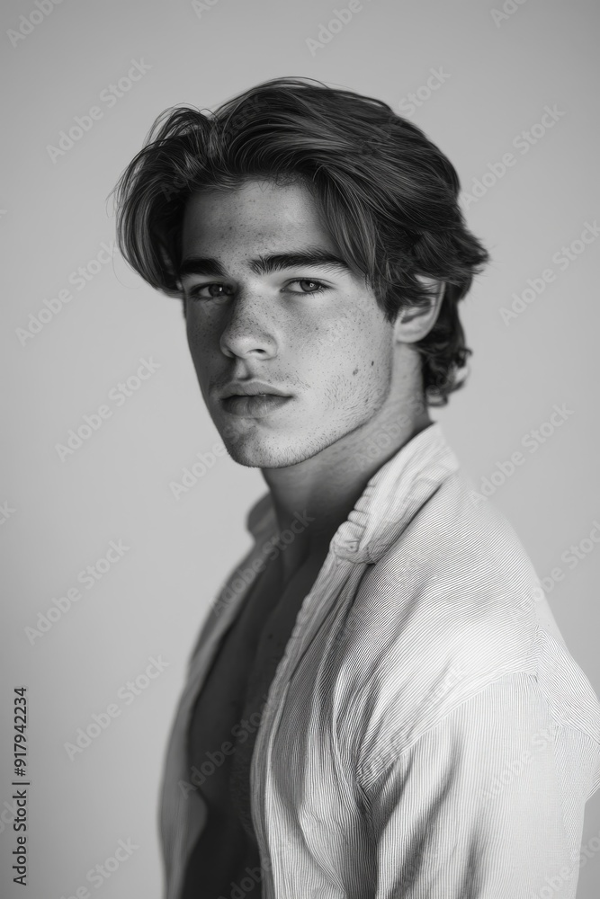 Young man posing in black and white portrait with soft expression Young man posing in black and white portrait with soft expression