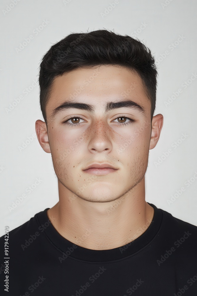 Fototapeta premium Young man with short hair posing against a white background