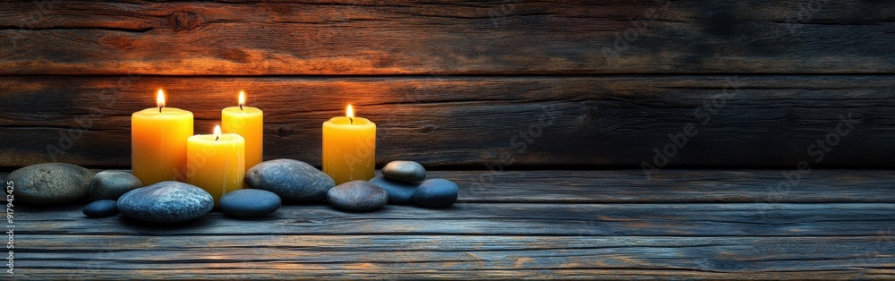 Tranquil zen setting with candles and stones on wooden backdrop Tranquil zen setting with candles and stones on wooden backdrop