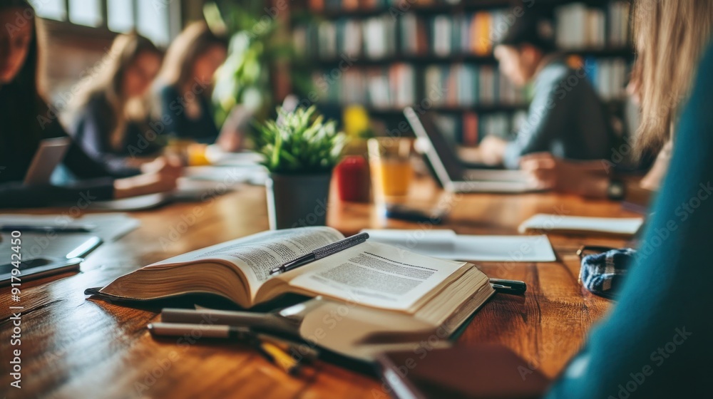 Open Book on a Table with Students Studying in the Background Open Book on a Table with Students Studying in the Background