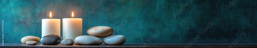 Zen decor with candles and stones on a serene background Zen decor with candles and stones on a serene background