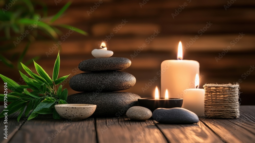 Zen candle arrangement with stacked stones and greenery in tranquil setting Zen candle arrangement with stacked stones and greenery in tranquil setting