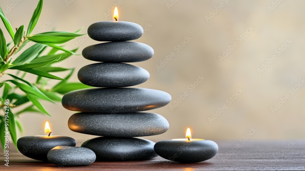 Zen background featuring candles and stacked rocks for peaceful ambiance Zen background featuring candles and stacked rocks for peaceful ambiance