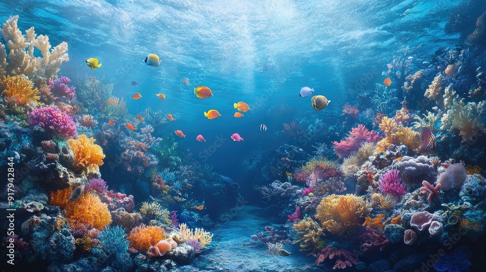 Fototapeta premium A vivid underwater scene capturing the essence of the tropical undersea world, with vibrant fish and coral reefs.