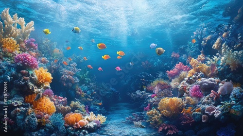 A vivid underwater scene capturing the essence of the tropical undersea world, with vibrant fish and coral reefs.