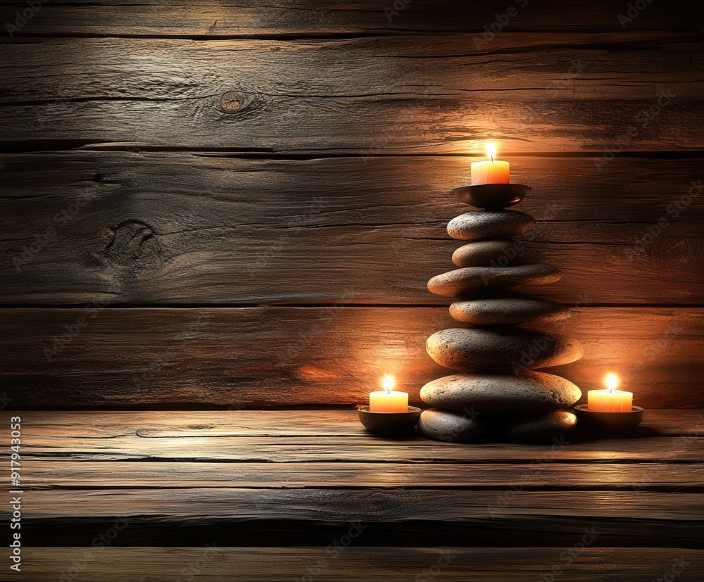 Obraz premium Tranquil zen setting with stacked stones and flickering candles