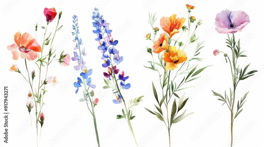 Fototapeta premium Wild flowers set, watercolor digital illustration. Perfectly for poster, card design. Mother's Day, Birthday