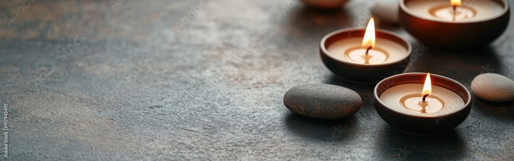 Soothing zen background with lit candles and smooth stones Soothing zen background with lit candles and smooth stones