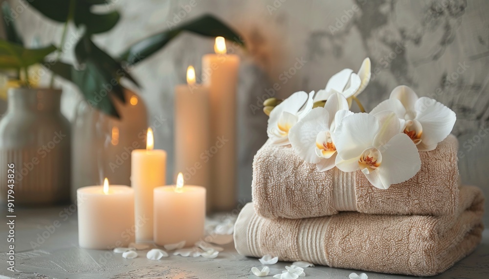 Beige towels with white orchids and candles creating a relaxing spa atmosphere Beige towels with white orchids and candles creating a relaxing spa atmosphere