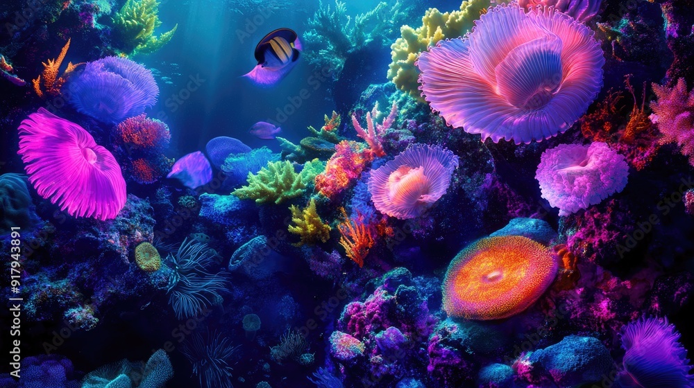 Obraz premium An aquarium coral reef under ultraviolet light, with the marine life and corals glowing in bright, neon hues.