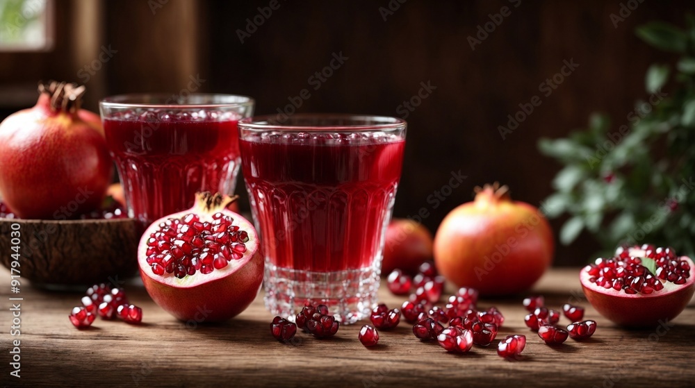 Pomegranate Juice Delight: A rustic still life featuring two glasses of ruby red pomegranate juice, surrounded by fresh pomegranates and scattered seeds, evoking a sense of natural sweetness and healt Pomegranate Juice Delight: A rustic still life featuring two glasses of ruby red pomegranate juice, surrounded by fresh pomegranates and scattered seeds, evoking a sense of natural sweetness and healt