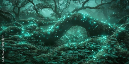 Ethereal Anime-Inspired Halloween Dreamscape: Radiant Magical Forest with Mystical Flora and Shimmering Mist. Surreal Landscape Evoking Serenity and Transcendent Beauty. Enchanting Winter Scene Blendi photo