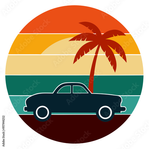 Retro Striped Car Silhouette in Circle - Trendy Vintage T-Shirt Design