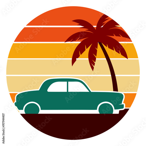 Retro Striped Car Silhouette in Circle - Trendy Vintage T-Shirt Design