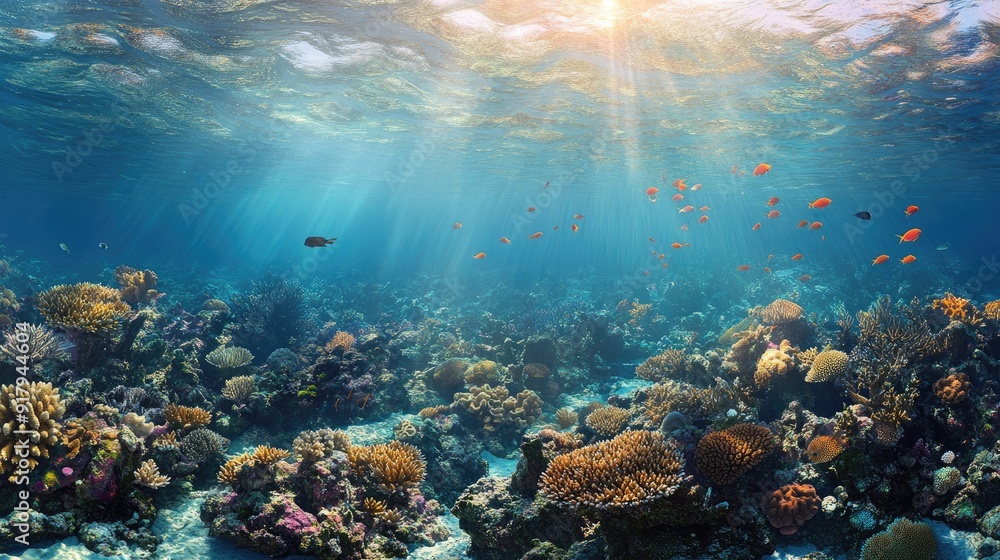 An expansive coral reef in the sea, with a diverse array of corals and fish thriving in the natural habitat.