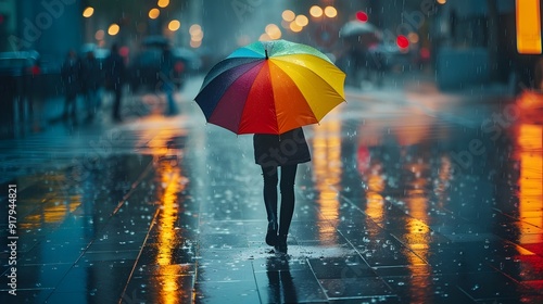 Wallpaper Mural Person Walking with Vibrant Colorful Umbrella in Heavy Rainstorm at Illuminated City Street Torontodigital.ca