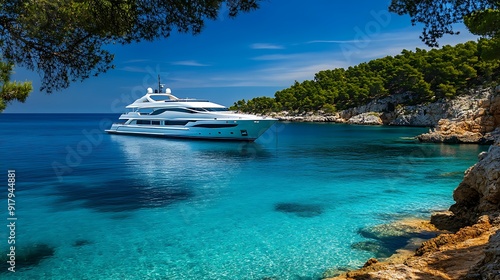 A luxury yacht anchored in a tranquil bay, with the clear blue sea surrounding it photo