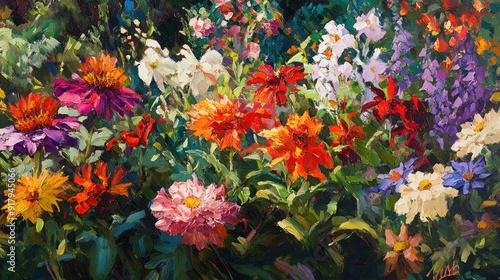 An oil painting of a garden filled with vibrant flowers, each bloom rendered in vivid color and detail, evoking a sense of harmony. photo