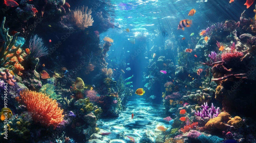 Naklejka premium An underwater tropical paradise, filled with a variety of fish and coral formations in a vibrant marine setting.
