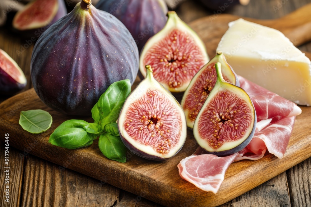 Fresh figs with prosciutto cheese on rustic wooden board Fresh figs with prosciutto cheese on rustic wooden board