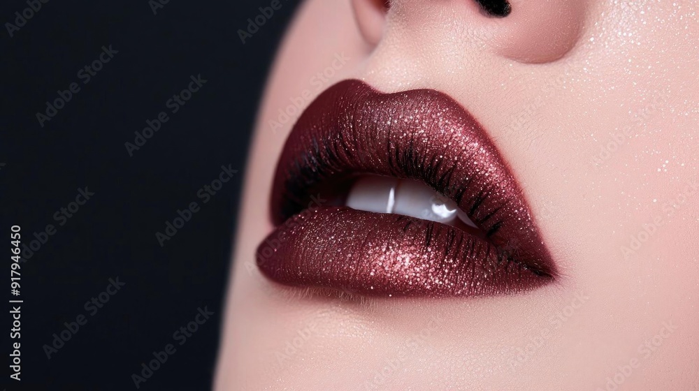 Close-up of glamorous lips adorned with rich, shimmering burgundy lipstick against a dark backdrop, exuding elegance and allure. Close-up of glamorous lips adorned with rich, shimmering burgundy lipstick against a dark backdrop, exuding elegance and allure.