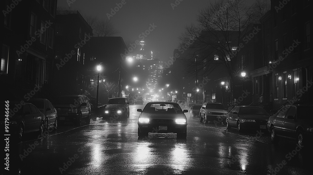 Fototapeta premium Alone on a quiet city street at night, illuminated by soft streetlights