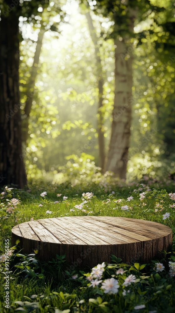 A circular wooden podium surrounded by lush green grass and blooming flowers, set against the backdrop of an enchanting forest with towering trees and dappled sunlight filtering through their leaves