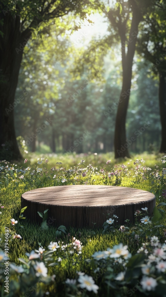 Naklejka premium A circular wooden podium surrounded by lush green grass and blooming flowers, set against the backdrop of an enchanting forest with towering trees and dappled sunlight filtering through their leaves