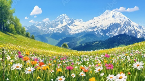 Idyllic Alpine landscape with blooming meadows and snow-capped peaks, vibrant spring flowers blanket the fields, under a clear blue sky.