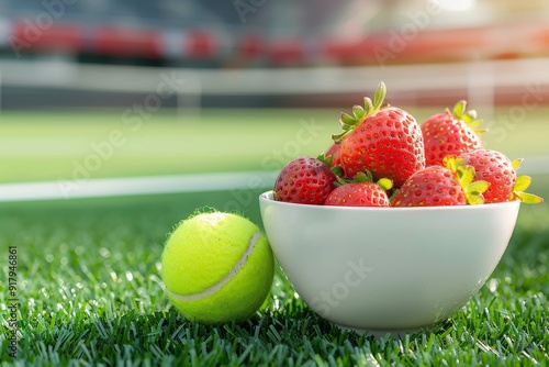 Tennis Ball and Bowl of Strawberries on Grass